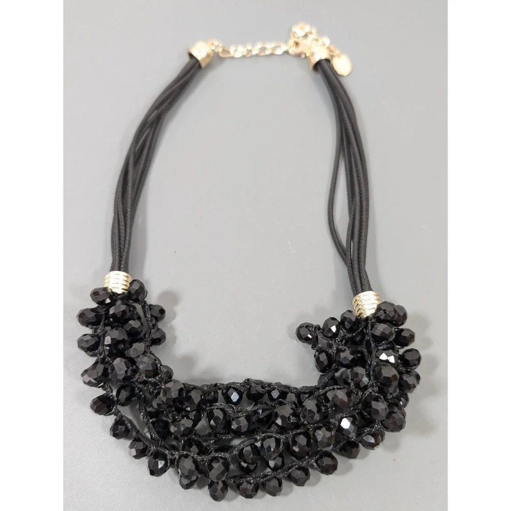 Black Faceted Glass Bead Statement‎ Necklace Multi Cord Modern 21 in